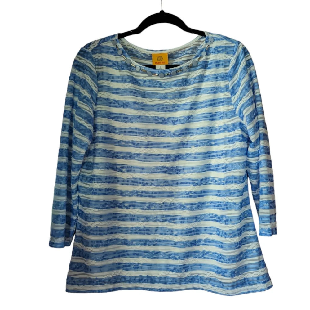 Ruby Rd. Sheer Fully Lined Striped 3/4 Sleeve Blouse With Bead Embellishment